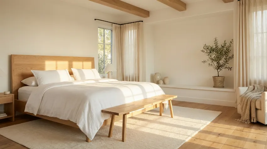 Svetla in mirna spalnica s posteljo in naravno svetlobo