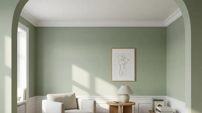 Dnevna soba s prebarvano steno v nežno zelenem odtenku in minimalistično sliko