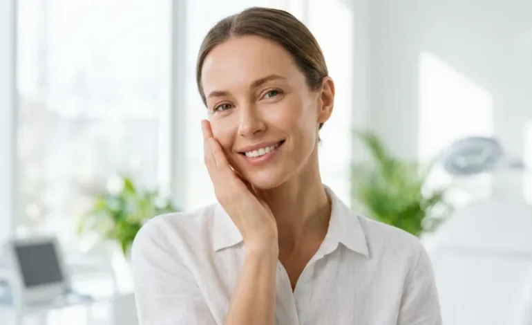 Sijoča in zdrava koža ženske, ki predstavlja rezultate dermatološke nege