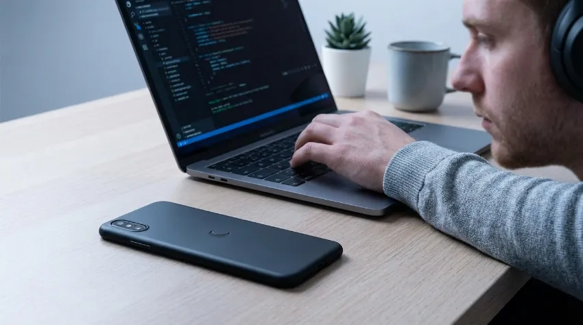 Pametni telefon obrnjen navzdol na mizi za preprečevanje digitalnih motenj.