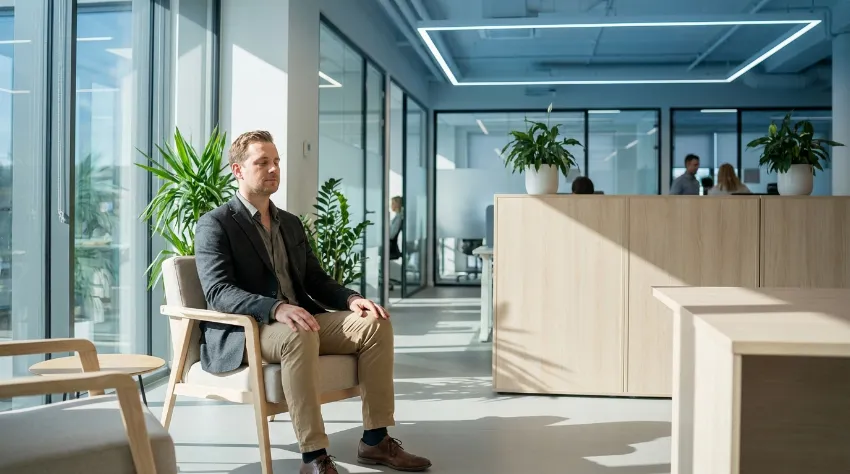 Moški izvaja dihalne vaje za sprostitev v mirnem kotu pisarne