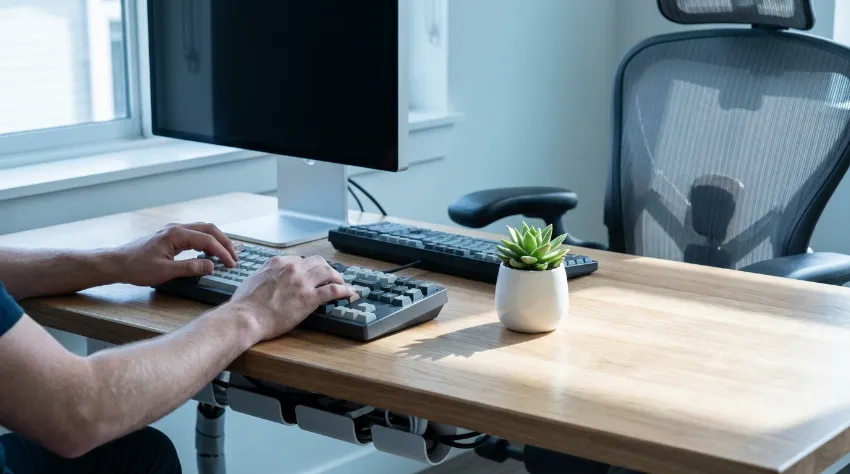 Ergonomsko urejen domači pisarniški kotiček z naravno svetlobo.