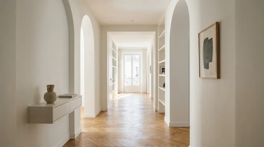 Prazen in svetel hodnik v modernem stanovanju