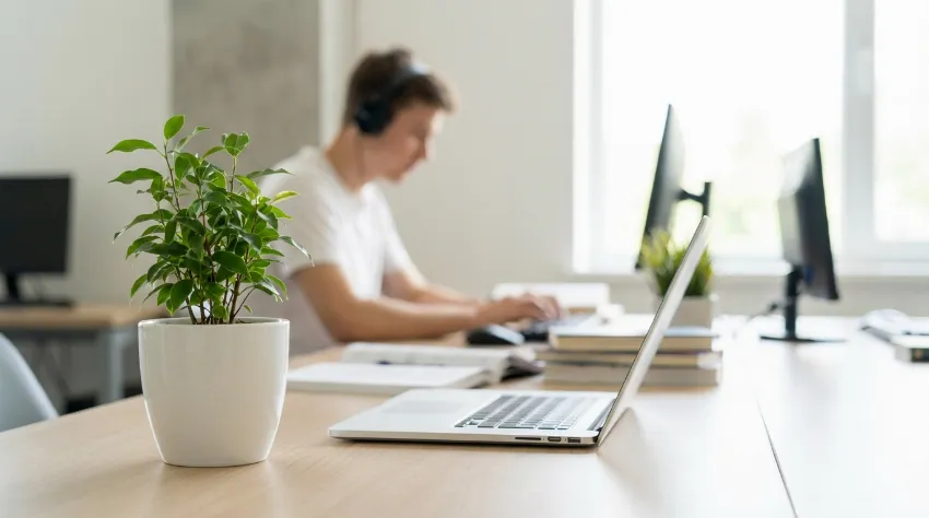 Zelena rastlina na mizi ob prenosniku, v ozadju študent pri delu