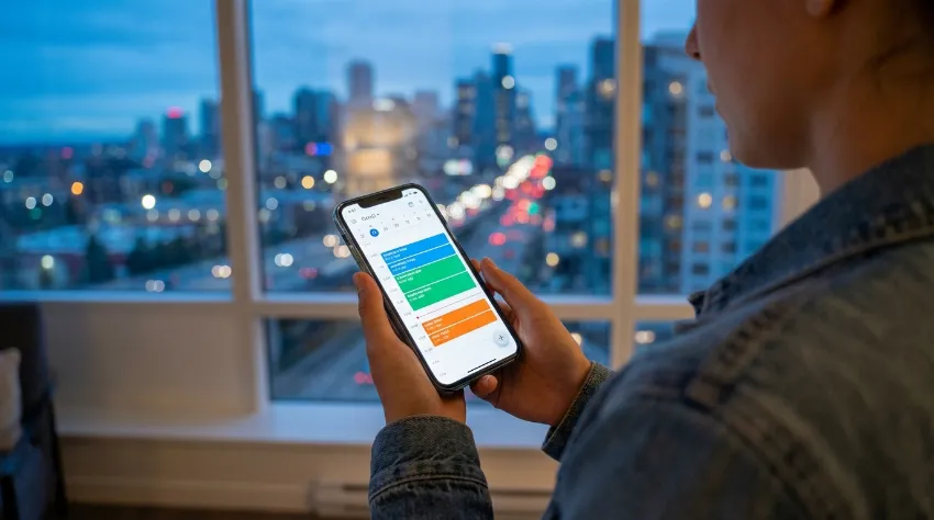 Pametni telefon v roki prikazuje barvno urejen digitalni koledar