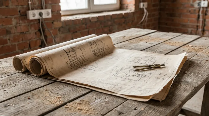 Gradbeni načrti in tlorisi na mizi na gradbišču