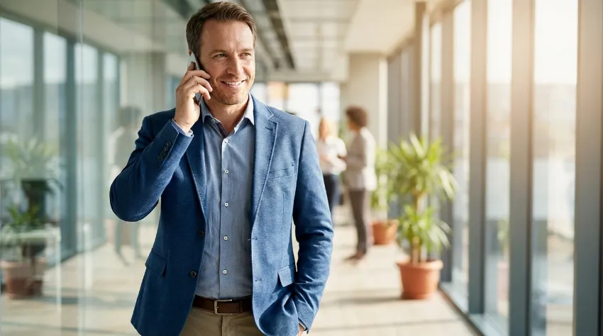 Moški hodi po pisarni med telefonskim pogovorom