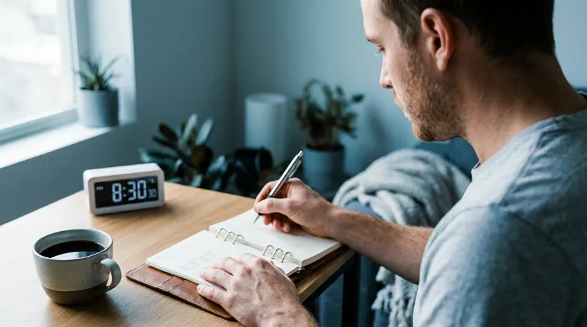 Načrtovanje dnevne rutine in urnika v beležnici ob jutranji kavi.