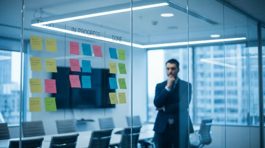 Steklena stena s pisanimi listki za organizacijo nalog po metodi Kanban