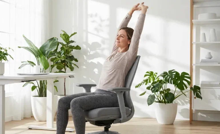 Ženska se preteguje na pisarniškem stolu v svetli domači pisarni za preprečevanje bolečin v križu.