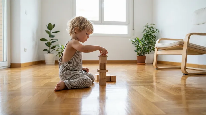 Otrok se igra na vzdržljivem lakiranem parketu v svetli sobi