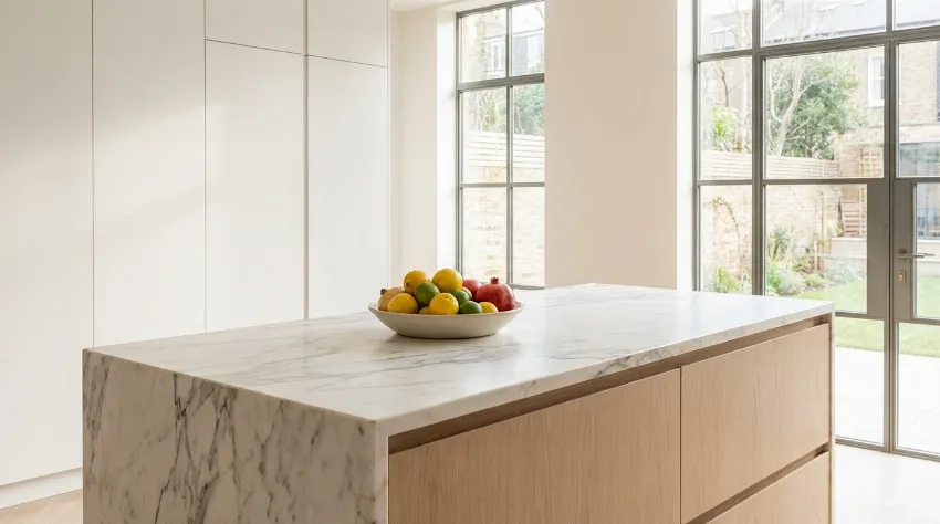 Moderen kuhinjski otok z marmornim pultom v prenovljeni kuhinji