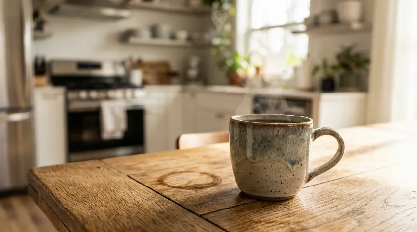 Skodelica kave na mizi v domači jedilnici