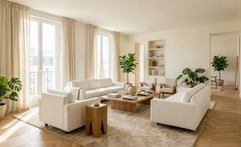 Svetla in moderno urejena dnevna soba z naravnimi materiali in rastlinami