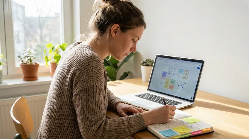 Ženska načrtuje delo v modernem delovnem kotičku s prenosnikom in beležnico