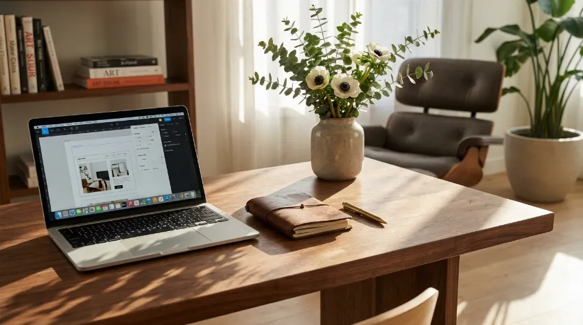 Urejena pisalna miza z računalnikom in beležnico za načrtovanje financ