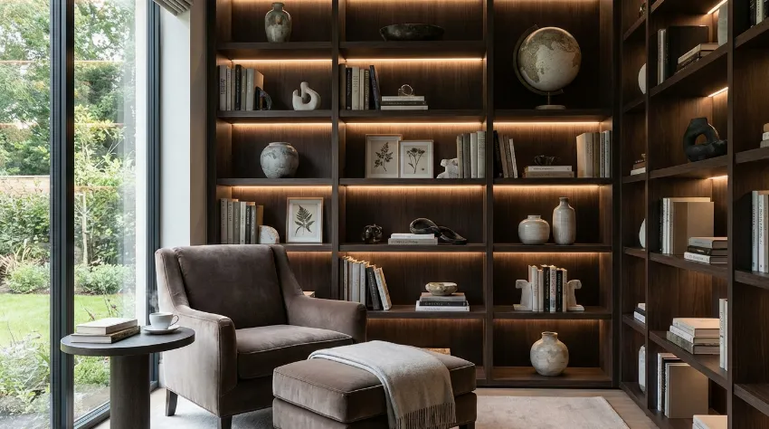 Moderna domača knjižnica z udobnim sediščem