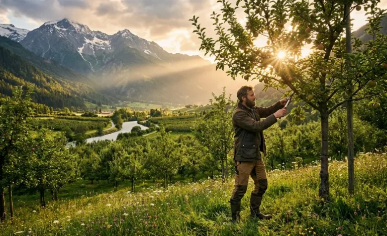 Vrtnar obrezuje jablano v sadovnjaku ob sončnem zahodu s škarjami.