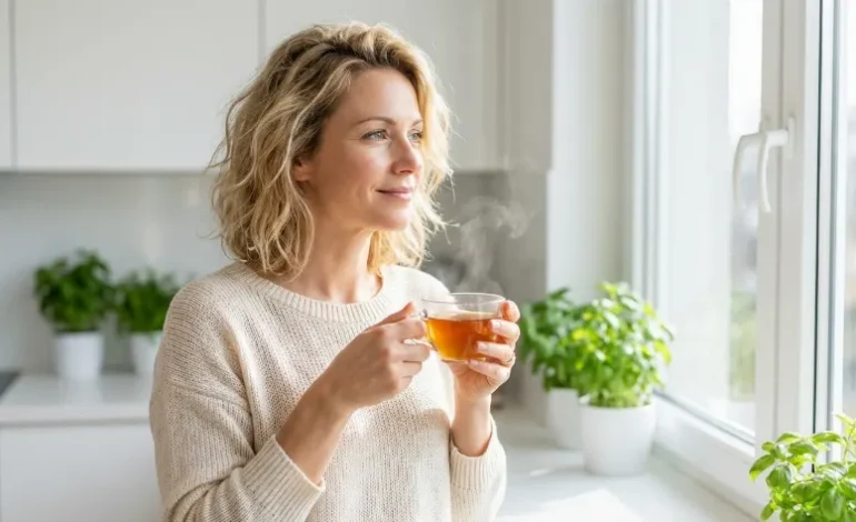 Ženska stoji v svetli kuhinji s skodelico čaja in razmišlja o obvladovanju stresa.