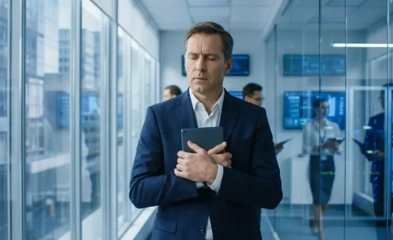 Poslovnež z zaprtimi očmi globoko diha pred pomembnim sestankom v sodobni pisarni