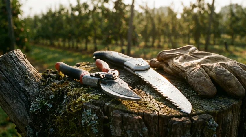 Ostra orodja za obrezovanje: škarje, žaga in rokavice na lesenem štoru.