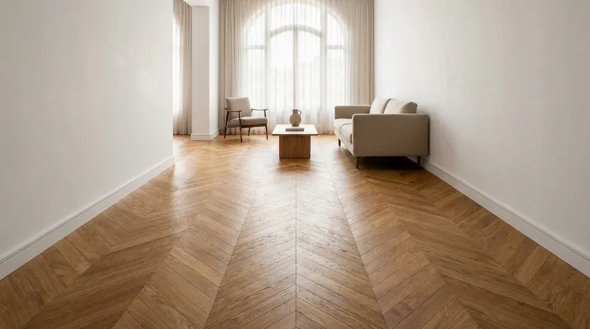 Eleganten parket položen v vzorcu ribje kosti v modernem stanovanju