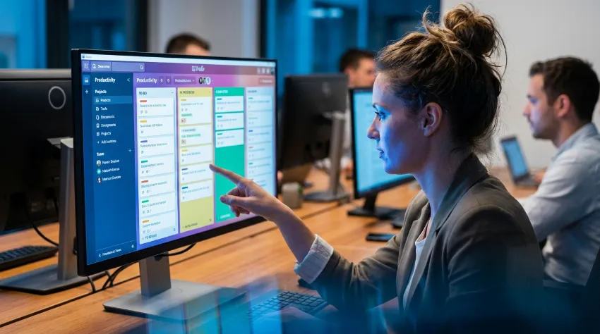 Spremljanje napredka in ciljev preko digitalnih orodij na računalniškem zaslonu.