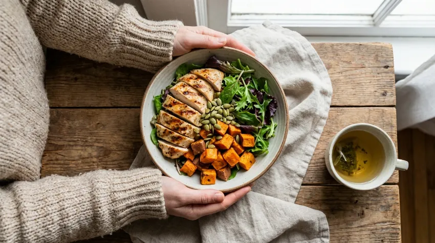 Uravnotežen krožnik s piščancem, zelenjavo in sladkim krompirjem v rokah