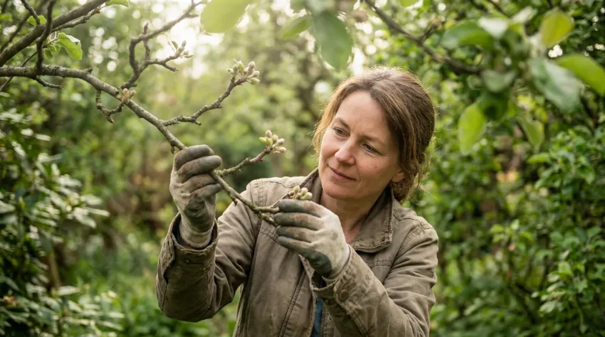 Vrtnarka pregleduje veje sadnega drevesa pred obrezovanjem.