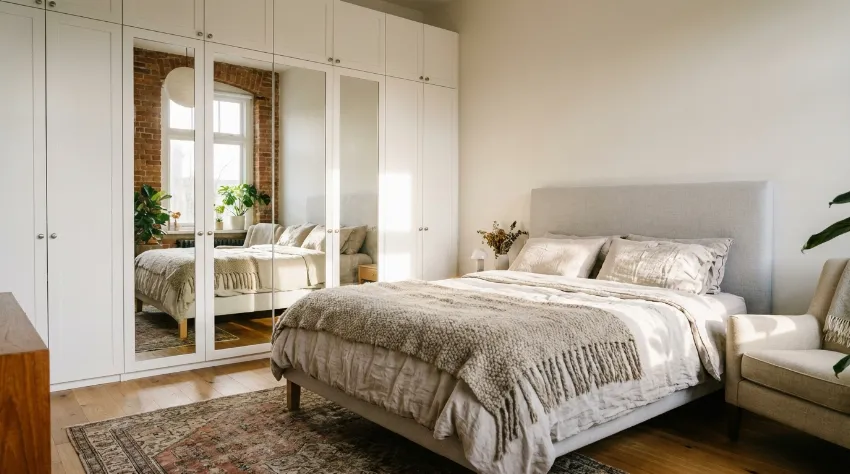Prenovljena majhna spalnica z vgradno omaro in veliko posteljo