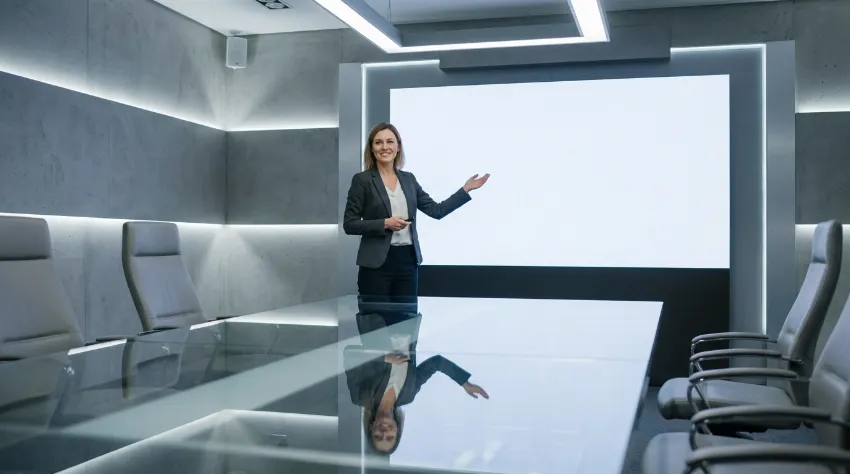 Poslovna ženska vadi svojo predstavitev v prazni konferenčni sobi