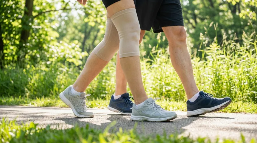 Starejši par na sprehodu po uspešni rehabilitaciji kolena