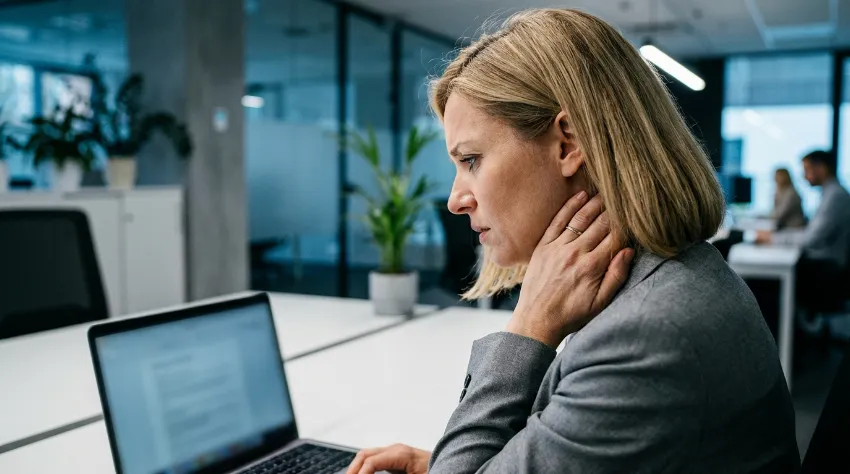 Zaskrbljena ženska v pisarni čuti simptome stresa pred računalnikom