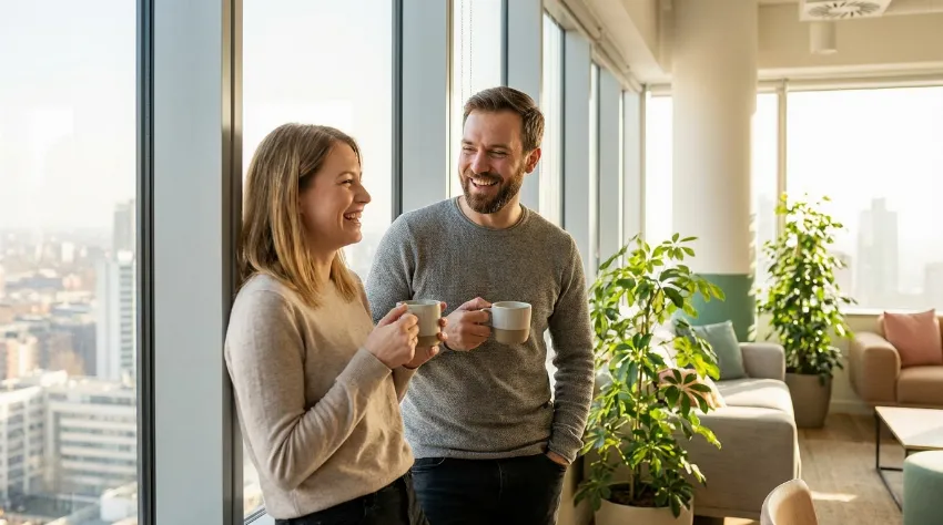 Sodelavca se sproščeno pogovarjata ob oknu med odmorom