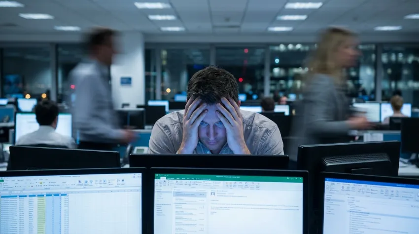 Obupan moški v pisarni gleda v računalniški zaslon s preveč odprtimi zavihki