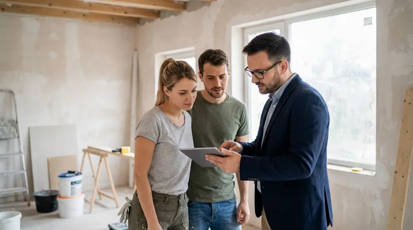 Par in arhitekt pregledujeta načrte za prenovo stanovanja na gradbišču