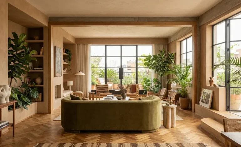 Sodobna dnevna soba v zemeljskih in olivno zelenih barvah z naravno svetlobo