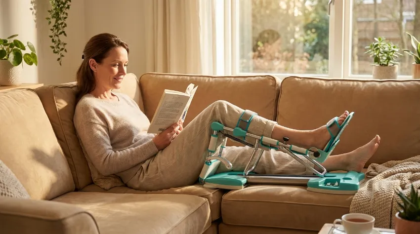 Ženska bere knjigo med uporabo Kineteka za razgibavanje kolena