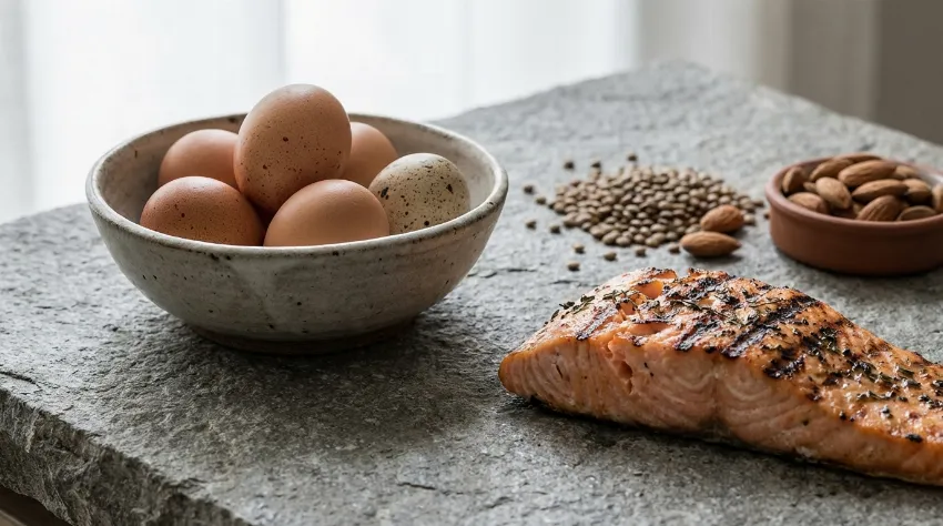 Sveža jajca in file lososa kot vir kakovostnih beljakovin