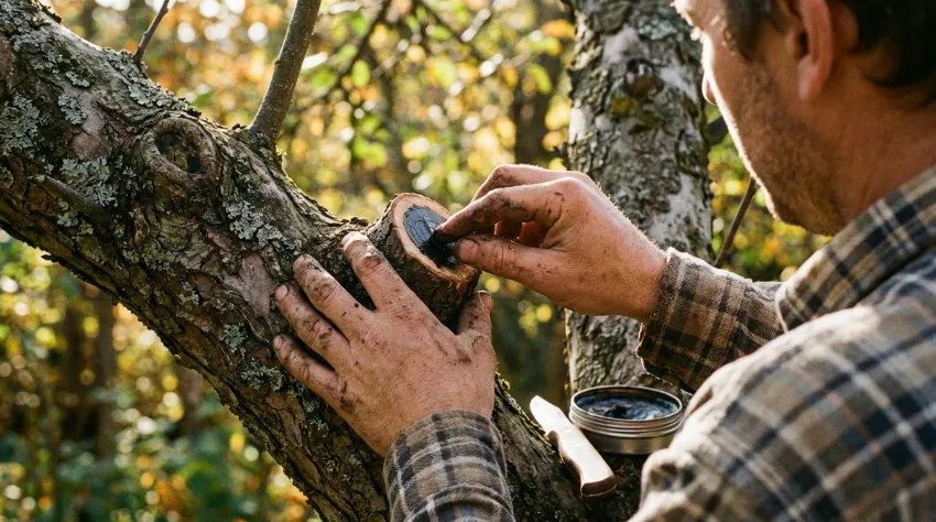 Nanos cepilnega voska na odrezano vejo za zaščito rane.