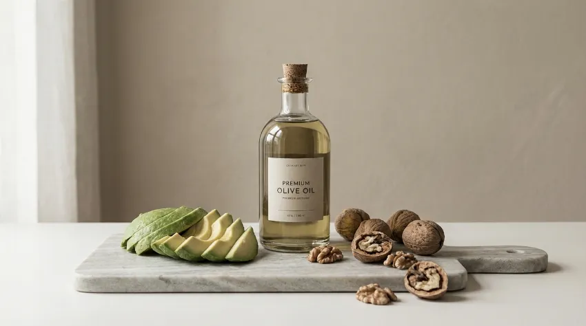 Avokado, olivno olje in orehi na marmorni deski