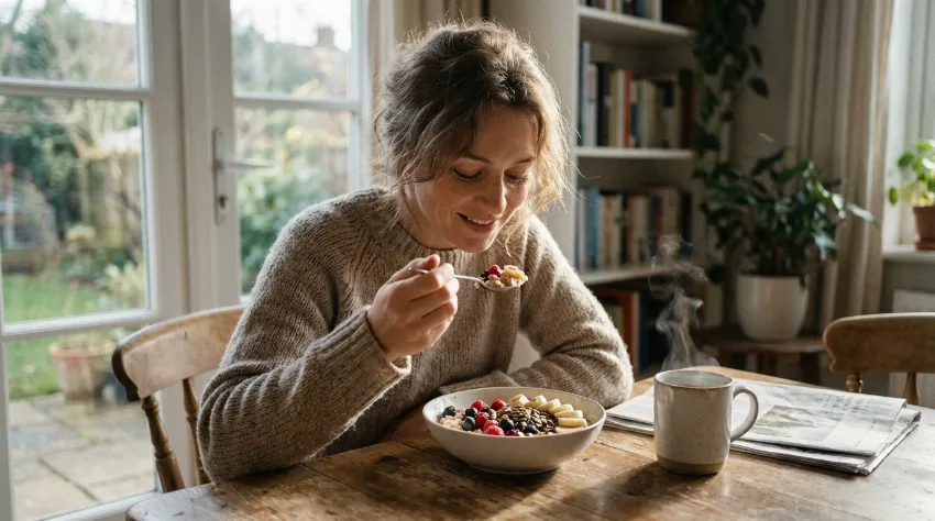 Ženska sproščeno uživa v zdravem zajtrku v svetli jedilnici