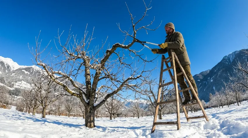 Zimsko obrezovanje drevesa na lestvi pod modrim nebom.